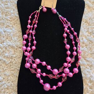 NEW 3 strand Pink Pearl & Glass Bead Necklace + Earrings Set